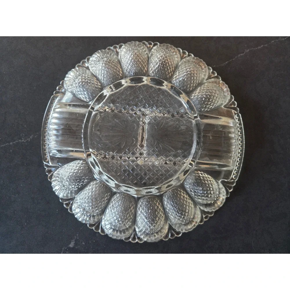 Vintage Clear Pressed Glass Deviled Egg Platter Diamond Point Scalloped Tray 10